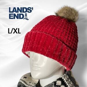 Lands' End Faux Fur Chenielle Pom Hat Red L/XL